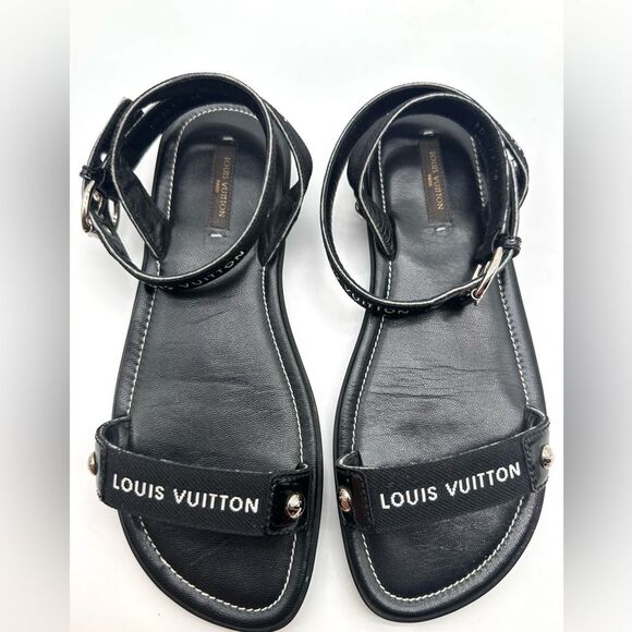 Louis Vuitton Passenger Black Flat Strappy Ankle Wrap Sandals EU 38 US 8 - Picture 6 of 11